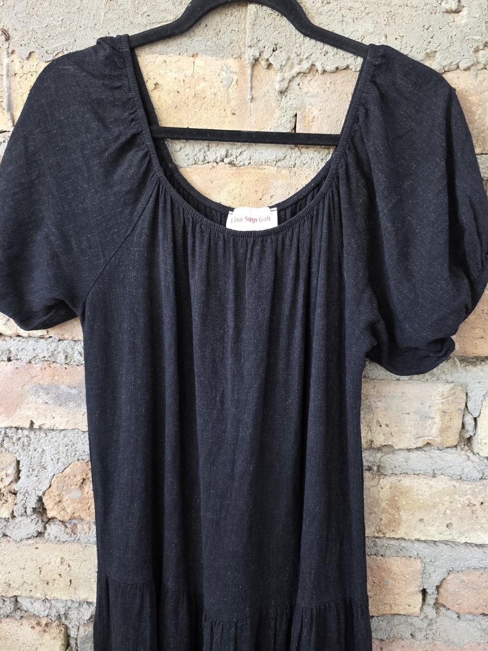 Lisa Says Gah Black Linen Blend Tiered Midi Maxi Dress Puff Sleeve S Small - Picture 2 of 9